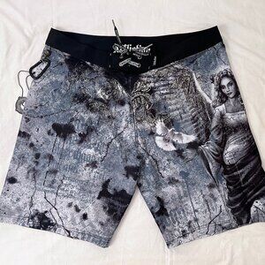 Affliction Men's Size 42 Y2K Board Shorts, Metallic Print, NWT